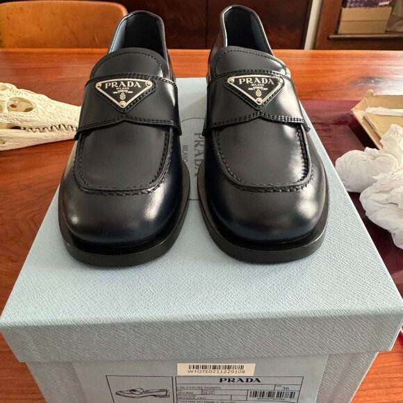 Prada Calzature Donna Spazzolato Logo 20mm Loafers Bleu Size 36 (US 6) - Picture 2 of 7